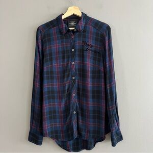 Harley Davidson Womens Shirt Plaid Long Sleeve Button Up Embroidered Blue S